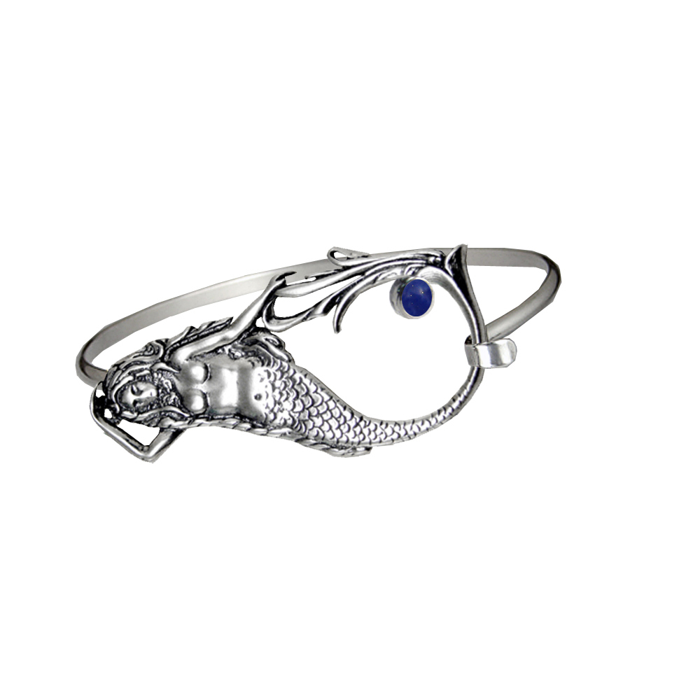 Sterling Silver Mermaid Strap Latch Spring Hook Bangle Bracelet With Lapis Lazuli